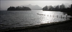 A penoramic shot of the lake and part of the shore